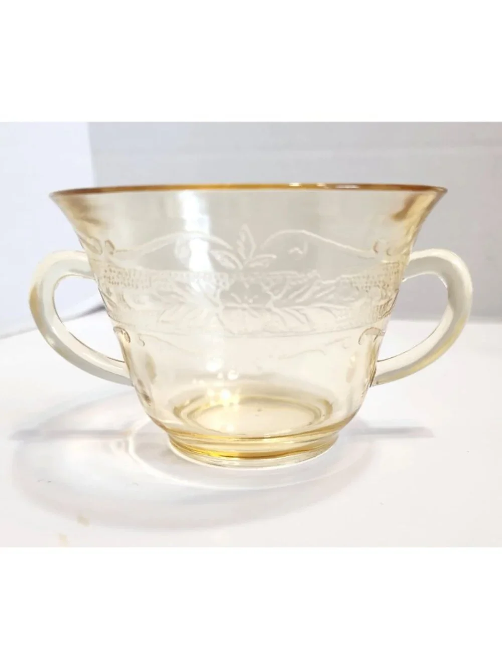 Vintage Amber Depression Glass Open Sugar Bowe With Floral Etched Design READ